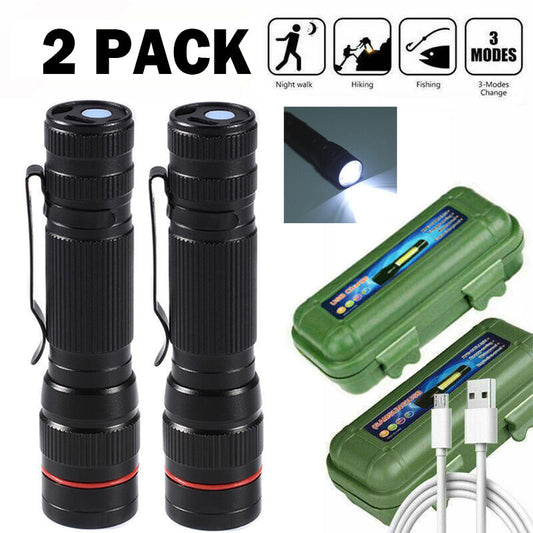 LED Military Flashlight 2-Pack - USB Rechargeable Tactical Zoom